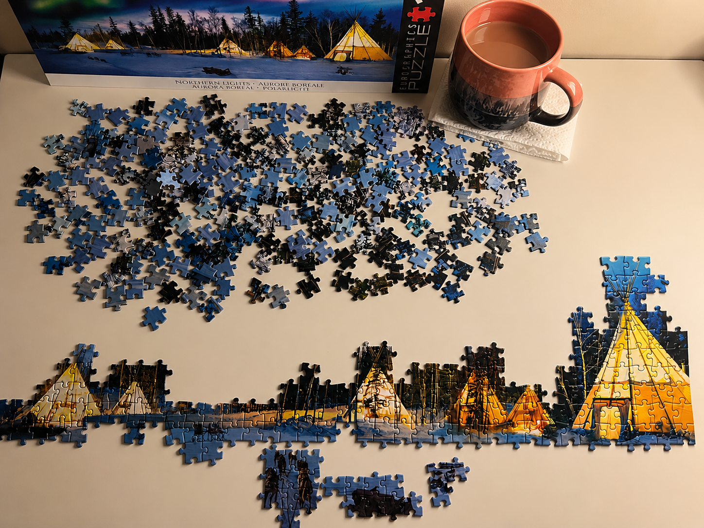 Northern Lights jigsaw puzzle with coffee