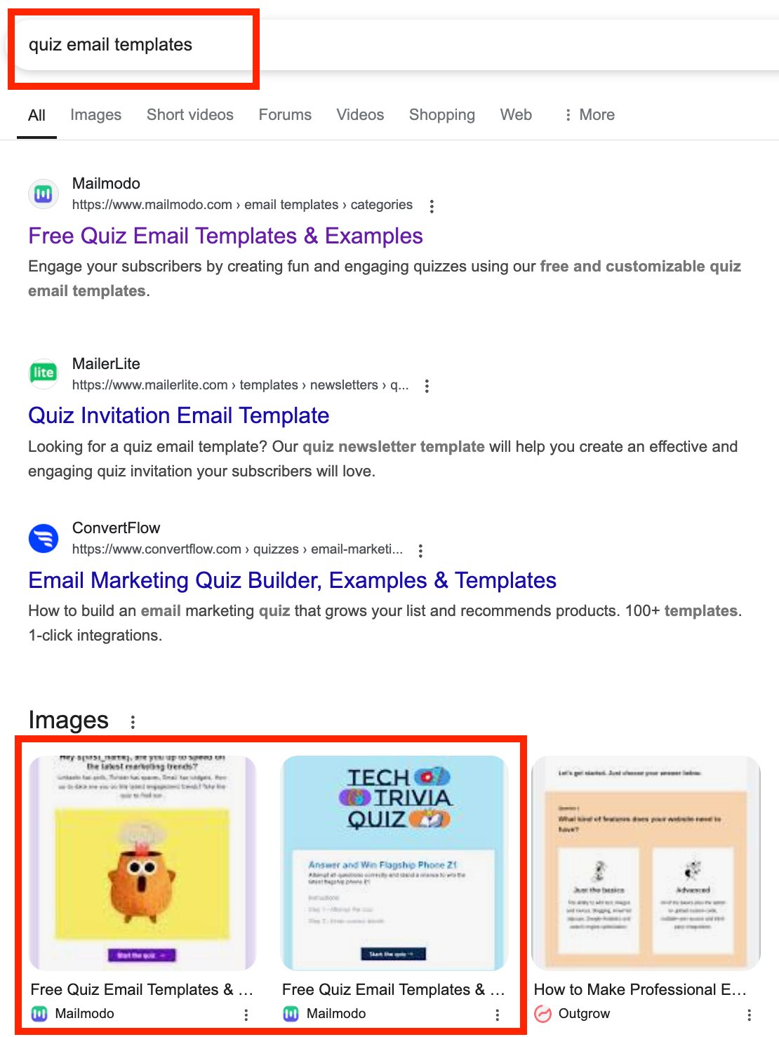 Google search results showing Mailmodo ranking #1 for "quiz email templates", including the top organic result and the top image pack results