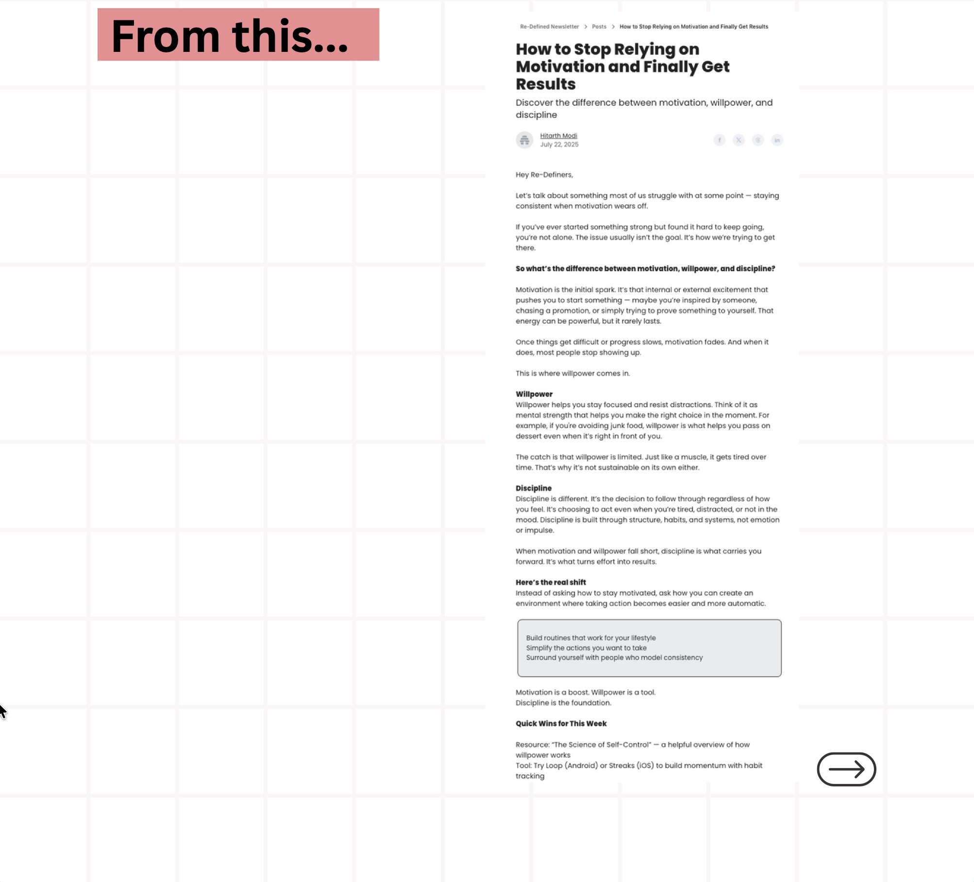 Before: the old Re-Defined newsletter format, a single long-form article